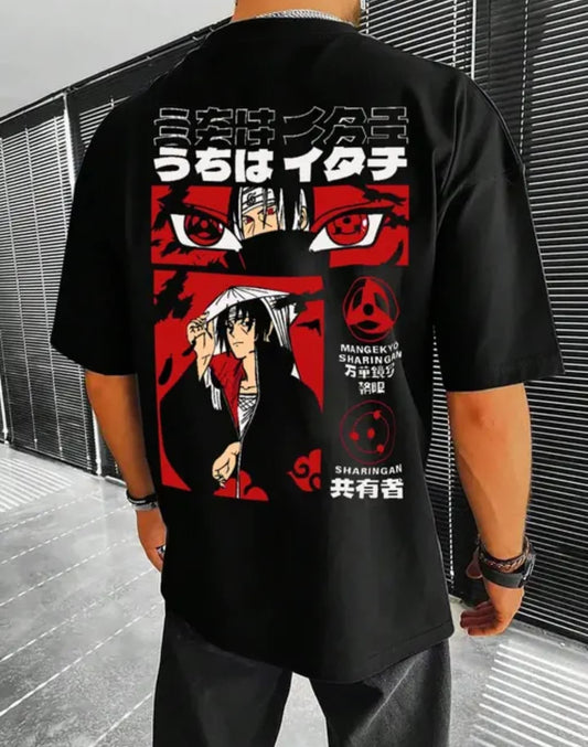 trendy mens oversize black t shirt, naruto print